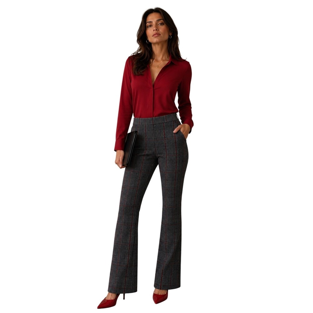 8th & Madison Womens Black Red Glen Plaid Pull On Flare Dress Pants‎ Size M